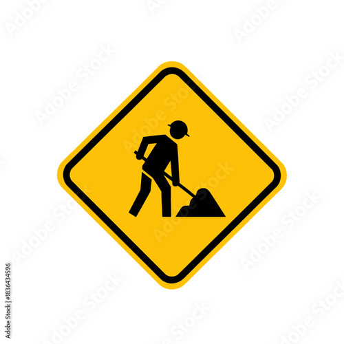 Road Work Warning Sign – Construction Worker Safety Shovel Icon Vector