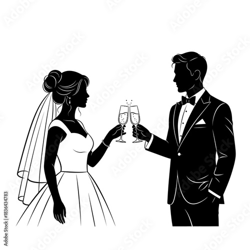 Wedding Couple Silhouette – Bride and Groom Toast Celebration Vector