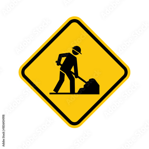 Road Work Warning Sign – Construction Worker Safety Shovel Icon Vector