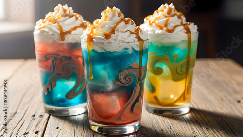 Three colorful drinks with whipped cream and caramel drizzle on a wooden surface in a bright setting