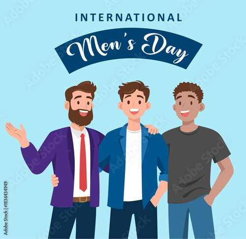 Flat illustration of diverse, smiling men celebrating International Men's Day.