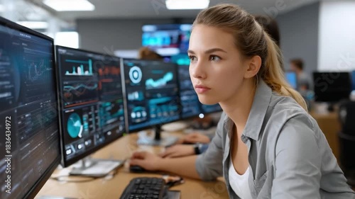 Focused Analyst at Work: A concentrated analyst studies intricate data and charts displayed on multiple computer monitors, highlighting the complexities of analysis.