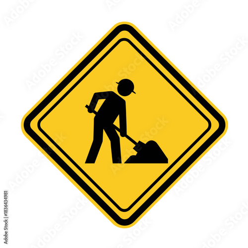 Road Work Warning Sign – Construction Worker Safety Shovel Icon Vector