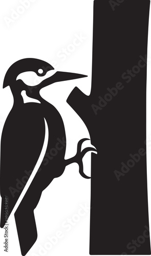 Black silhouette of a woodpecker clinging to a tree trunk bird