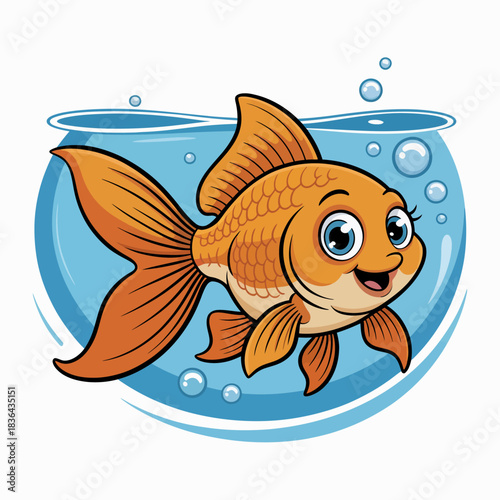A cheerful goldfish swims joyfully in a bowl filled with clear water and playful bubbles, illustrating a sense of playfulness, life, and aquatic delight in vibrant colors.