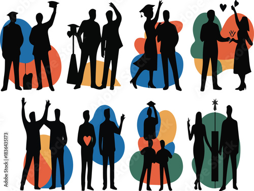Silhouettes of couples and graduates celebrating with abstract shapes graduation celebration