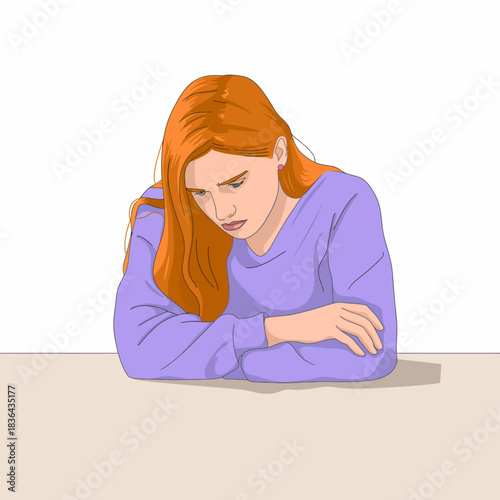 A young woman depicted in a contemplative state, sitting with her arms crossed and staring down, expressing emotions such as introspection, sadness, or reflection.