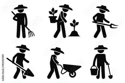 Pictogram shows a farmer planting and harvesting plants with various gardening implements
