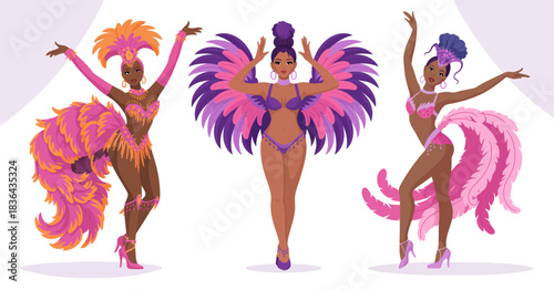 Three captivating dancers dressed in colorful carnival costumes, radiating energy and joy, representing cultural celebration and artistry in a lively performance atmosphere.