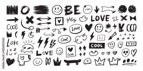 Set of black hand drawn doodle elements including shapes, arrows, and crowns. vector illustration