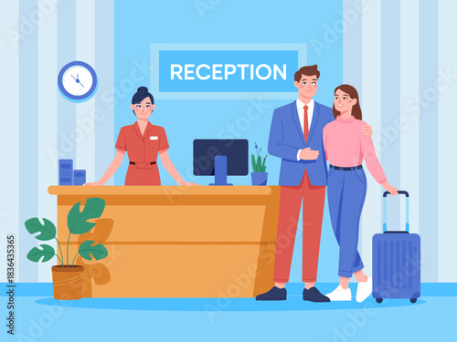 A stylish couple checks in at a modern hotel reception desk, depicting hospitality, warmth, and the excitement of travel in a welcoming and organized environment.