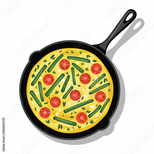 A colorful illustration of a frittata packed with fresh vegetables and herbs in a skillet, embodying culinary delight and vibrant gastronomy.
