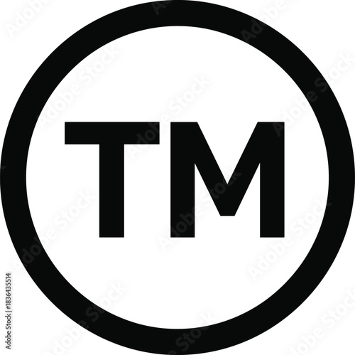 Trademark symbol icon vector, flat black TM sign in circle, branding identity legal protection mark, business logo design element, intellectual property concept, copyright label illustration.