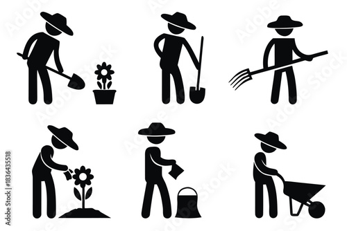 People with hats are gardening and working on nature in a set of six poses