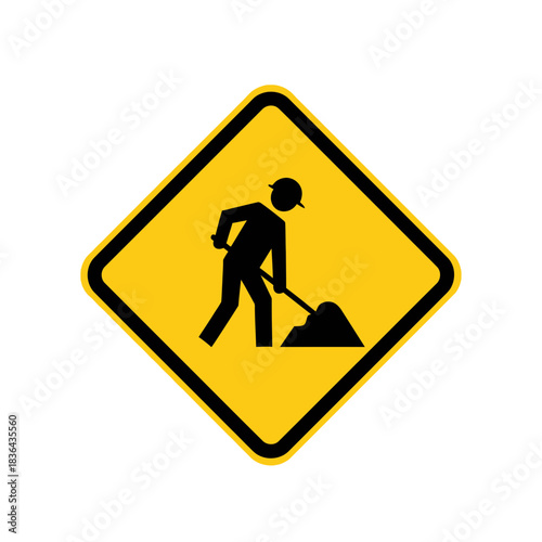 Road Work Warning Sign – Construction Worker Safety Shovel Icon Vector