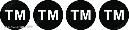 Trademark symbol icons set, black and white TM logo collection, legal registration marks for business branding identity, intellectual property vector design signs.