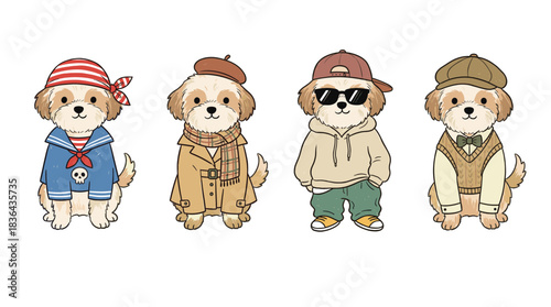 Cute Cartoon Dogs Wearing Various Fashionable Outfits Set Line Art and Color Illustration for Kids Coloring Book and Pet Lifestyle