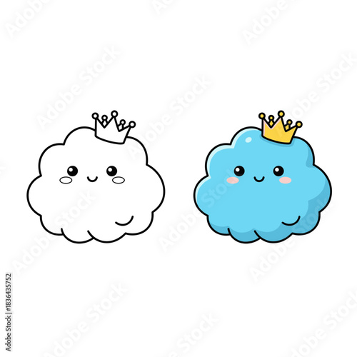 Cute Cartoon Cloud Wearing Crown Line Art and Color Illustration for Kids Coloring Book and Weather or Fairytale Design Element