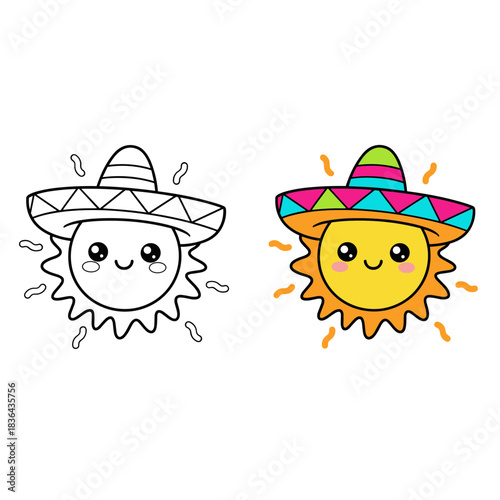 Cute Cartoon Sun with Sombrero Hat Line Art and Color Illustration for Kids Coloring Book and Mexican or Summer Theme Design