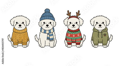 Cute Cartoon Maltese Dogs in Winter Clothes Set Full Color Illustration for Pet Fashion and Holiday Season Design