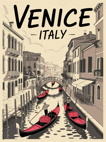 A stylized black-and-white Venice travel poster with bright red gondolas, historic canals, arched bridges, and bold “VENICE ITALY” text on a cream background