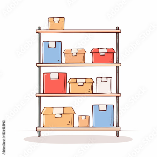 Warehouse storage rack with organized cardboard boxes and parcels on shelves, a simple hand-drawn doodle style