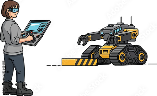 Female technician monitoring robot with tablet