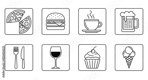 Set of eight simple line art food and drink icons on a white background