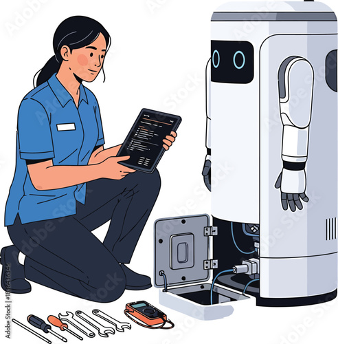 Female technician monitoring robot with tablet