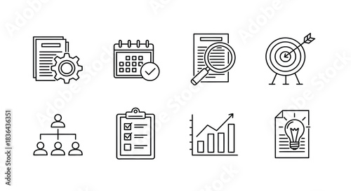 Set of business icons representing planning strategy and success