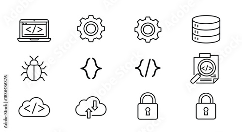 Collection of hand drawn icons representing software development and technology concepts