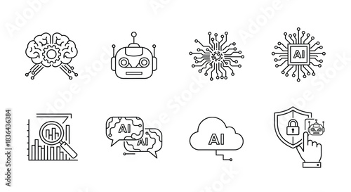 Set of hand drawn icons representing artificial intelligence and technology concepts