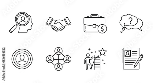 Collection of hand drawn business and career icons for recruitment and success