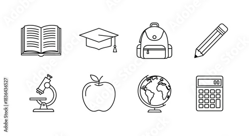 Collection of hand drawn school supplies and educational icons