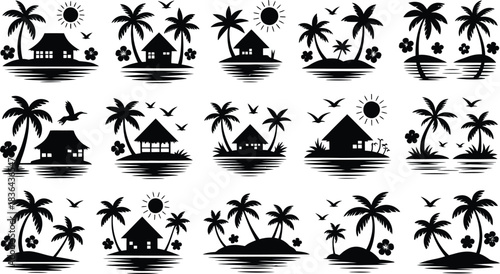 Set of tropical island silhouettes with palm trees hut sun and birds ideal for summer vacation travel and beach themed designs in black and white