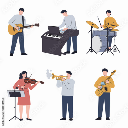 Modern Flat Illustration Set of Six Diverse Musicians Playing Various Instruments including Guitar, Drums, Piano, Violin, Trumpet, and Saxophone.