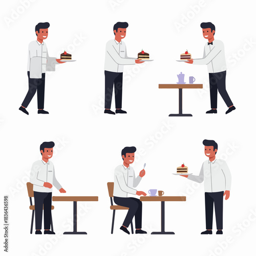 A collection of flat vector illustrations depicting a smiling waiter or server serving cake and attending to café tables and customers.