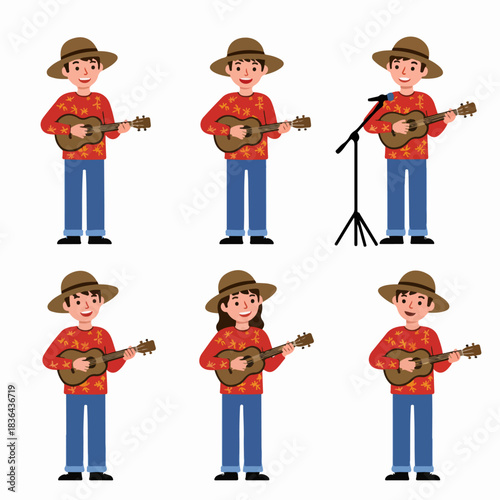 Cartoon set of six characters playing ukulele, performing music in a folk or Hawaiian style, wearing straw hats and floral shirts.