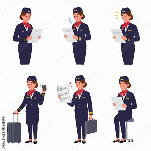Cartoon character set of a professional flight attendant or stewardess displaying different actions and emotions while performing airline duties.