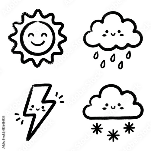Charming hand-drawn weather icon set featuring a cheerful sun, a happy rain cloud, a smiling lightning bolt, and a delightful snow cloud, ideal for children's projects and playful designs