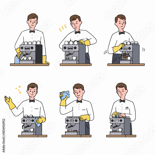 Set of illustrations showing a barista cleaning and maintaining an espresso machine, highlighting hygiene and daily cafe procedures.