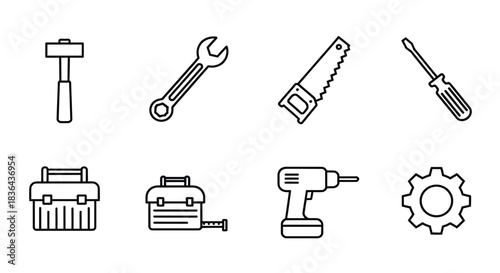 Collection of hand drawn tools and equipment icons on white background