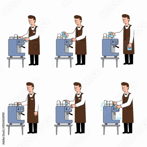 Step-by-step illustration showing a barista cleaning and maintaining a commercial espresso machine for coffee shop hygiene.