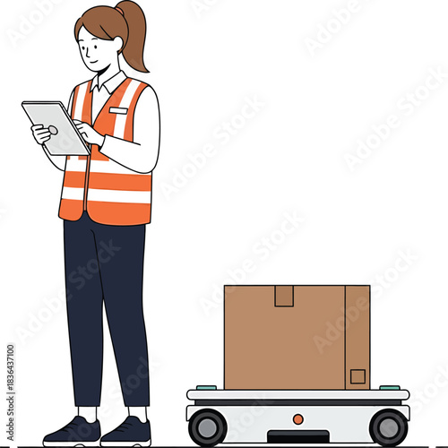 Female technician monitoring robot with tablet