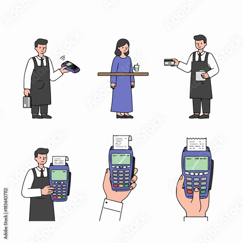 Modern point of sale payment methods illustration set. Scenes of waiters using POS terminals for credit card and contactless payments with customers receiving receipts.