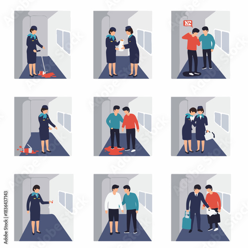 Airline crew duties and passenger interactions infographic set, showing emergency responses, service, and travel scenarios.