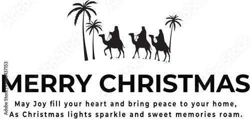Christmas greeting logo vector with silhouette of Three Wise Men riding camels between palm trees