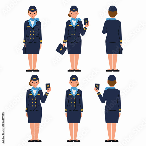 Professional Flight Attendant Character Vector Set. Various poses of an airline stewardess in uniform, holding a passport and briefcase, isolated for aviation industry design.