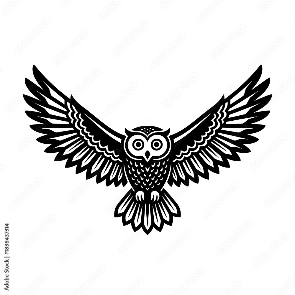 Obraz premium Black Silhouette Owl Logo with Spread Wings, Stylized Bird of Wisdom Vector Emblem Design