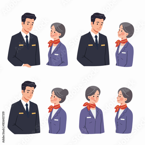 Illustration set of aviation professionals: male attendant and senior female flight attendant interacting, representing customer service and hospitality staff.
